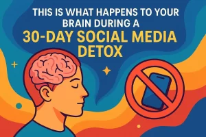 A colorful digital illustration showing a calm person with a visible brain and a crossed-out smartphone, representing the effects of a 30-day social media detox on mental clarity.