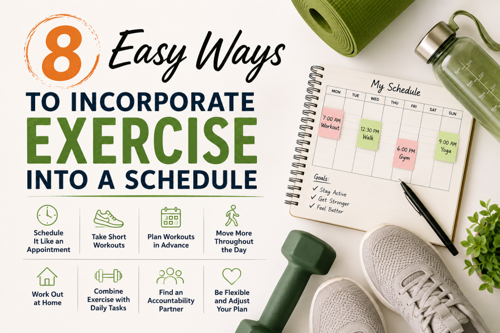 Fitness-themed featured image showing an alarm clock, dumbbells, workout planner, water bottle, and a woman stretching on a yoga mat with the title “8 Easy Ways To Incorporate Exercise Into a Schedule.”