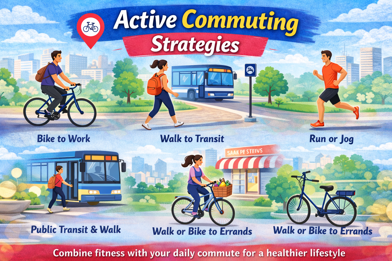 Colorful infographic illustrating active commuting strategies such as biking to work, walking to transit, jogging, using public transport, and cycling for errands to promote a healthier lifestyle.