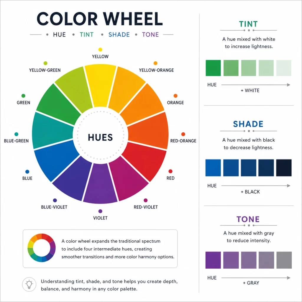 Color theory diagram showing a 12-color wheel with labeled hues and examples of tint, shade, and tone variations