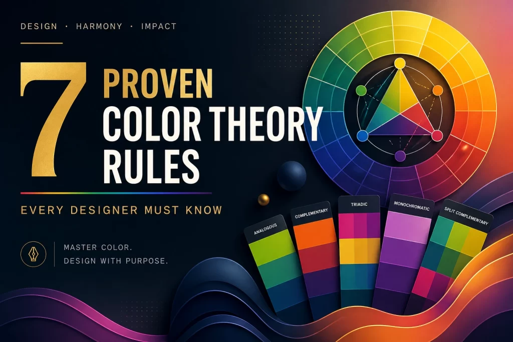 Color theory in graphic design showing 7 rules with color wheel and vibrant palette examples