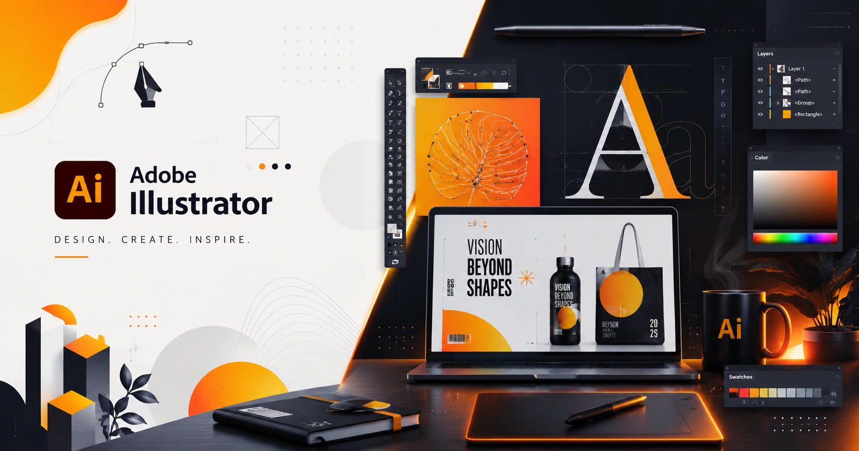 Adobe Illustrator interface showcasing professional vector graphic design tools, logo creation, typography editing, and branding artwork for modern digital designers.