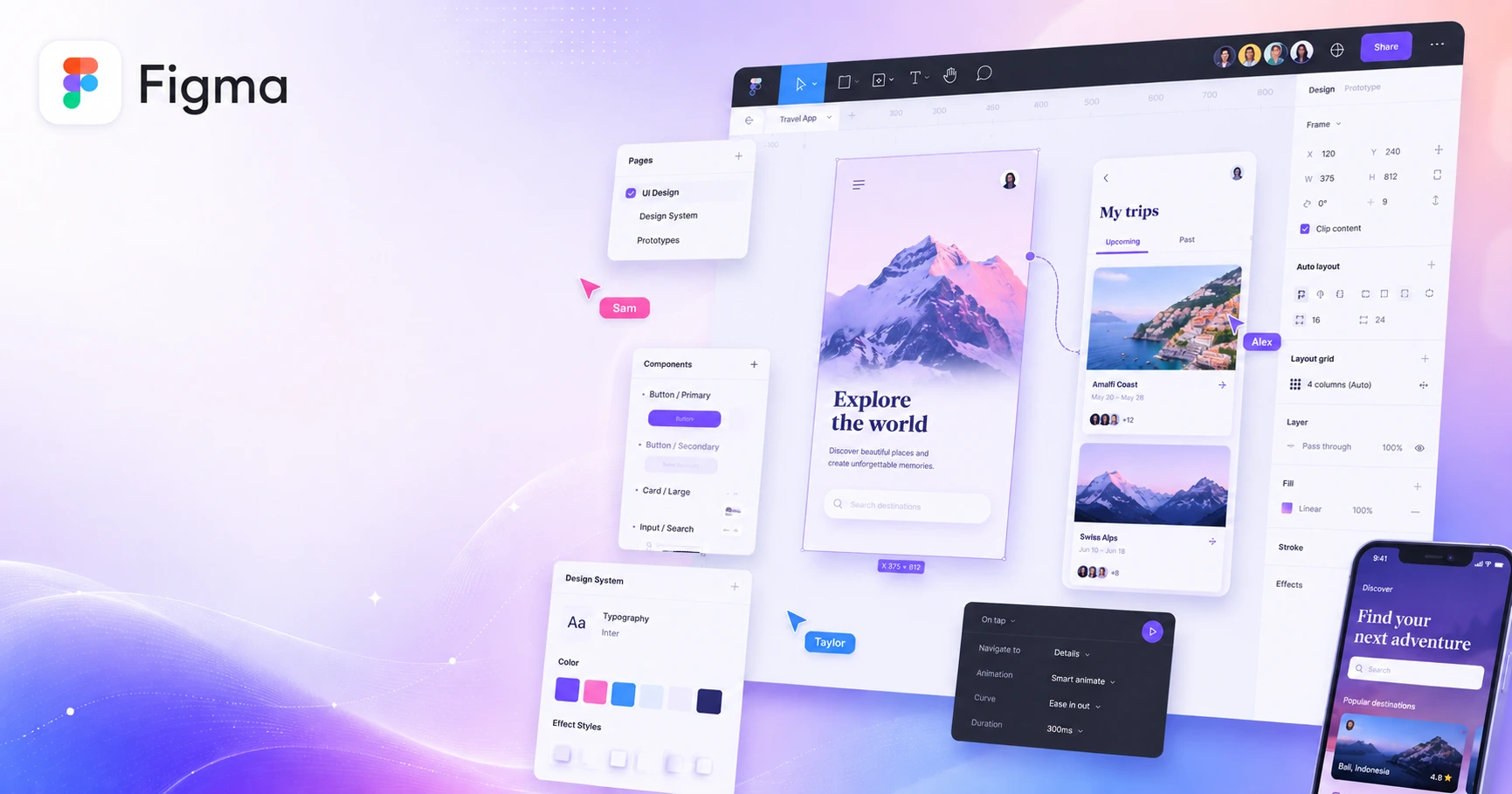 Figma collaborative UI and UX design workspace featuring wireframes, app interface prototypes, design systems, and real-time team collaboration tools.”