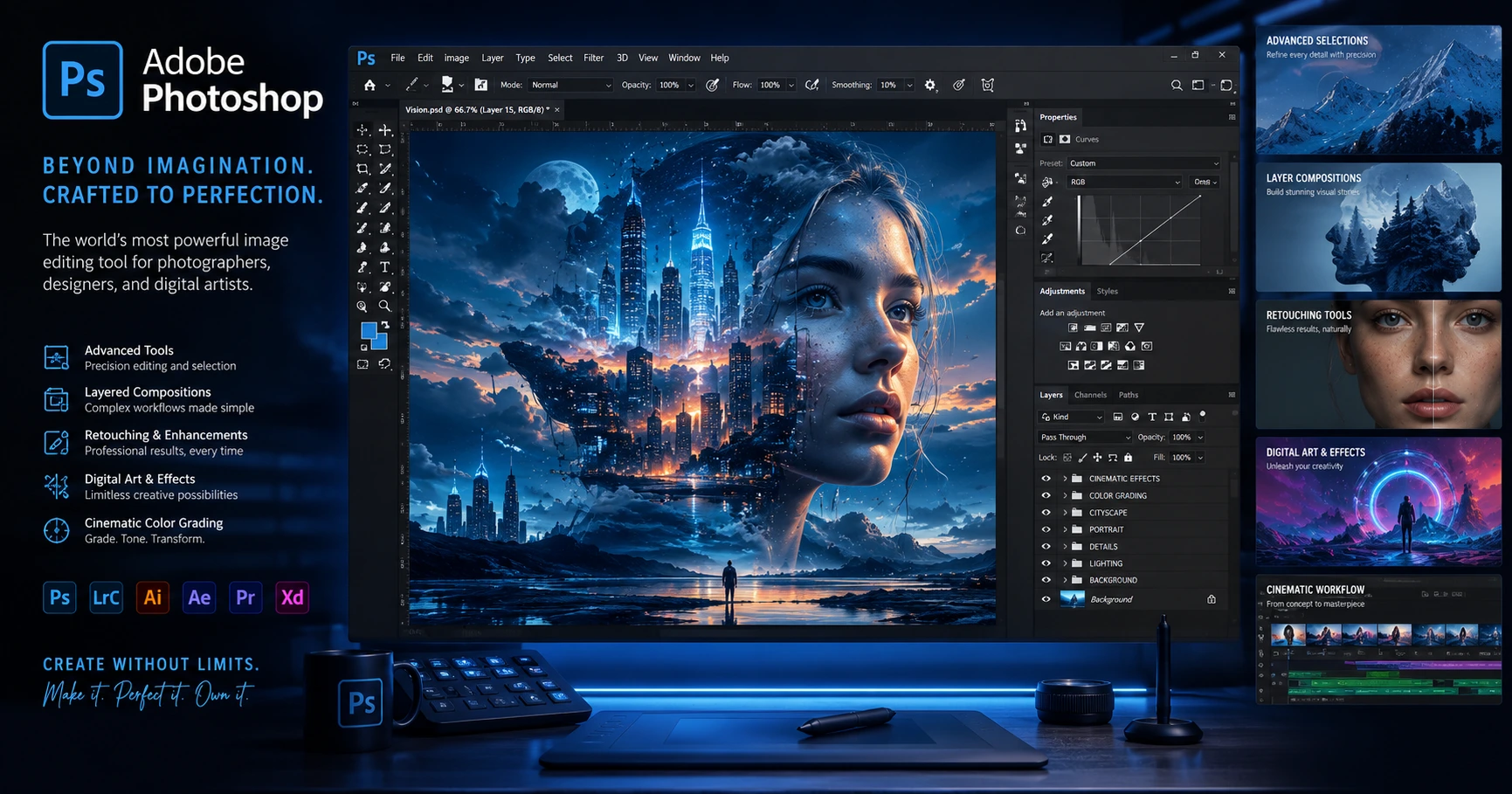 Adobe Photoshop creative editing workspace with advanced photo manipulation tools, digital artwork, layer editing, and professional graphic design features.