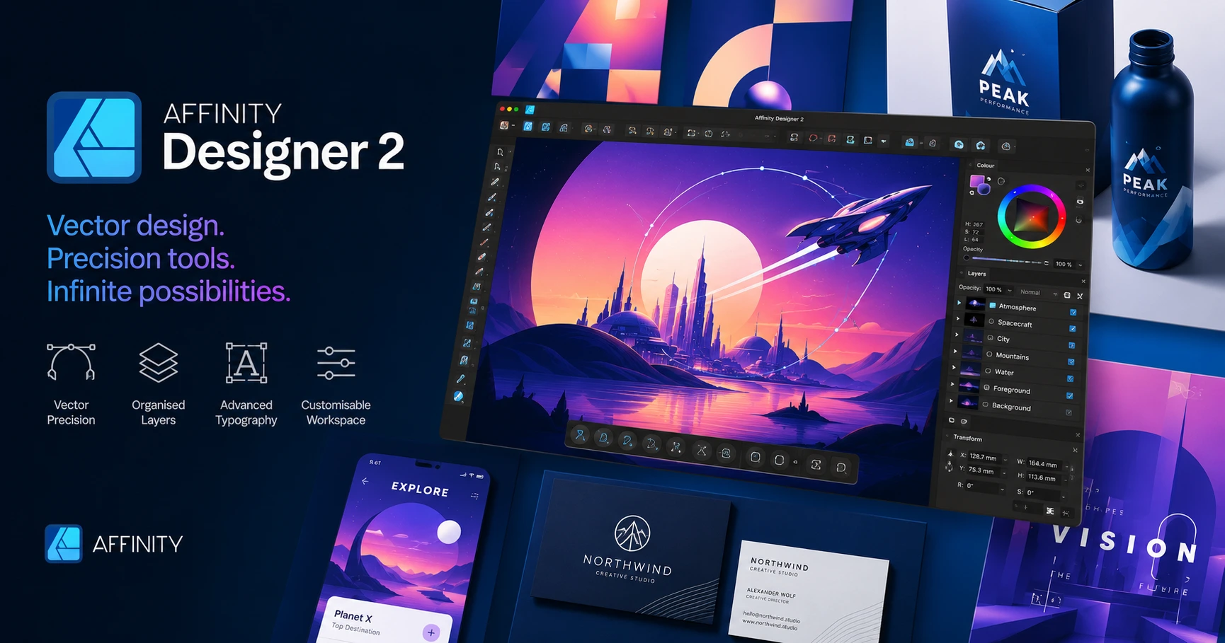 Affinity Designer workspace featuring professional vector illustration tools, digital branding projects, typography editing, and advanced graphic design interface for creatives.