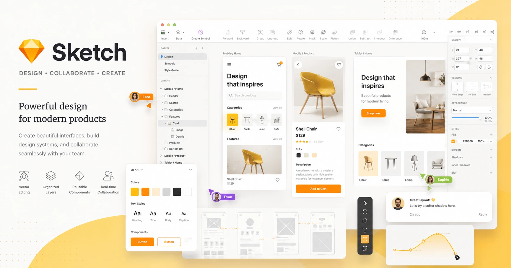 Sketch UI and web design software displaying wireframes, interface components, app design layouts, and collaborative digital product design tools.