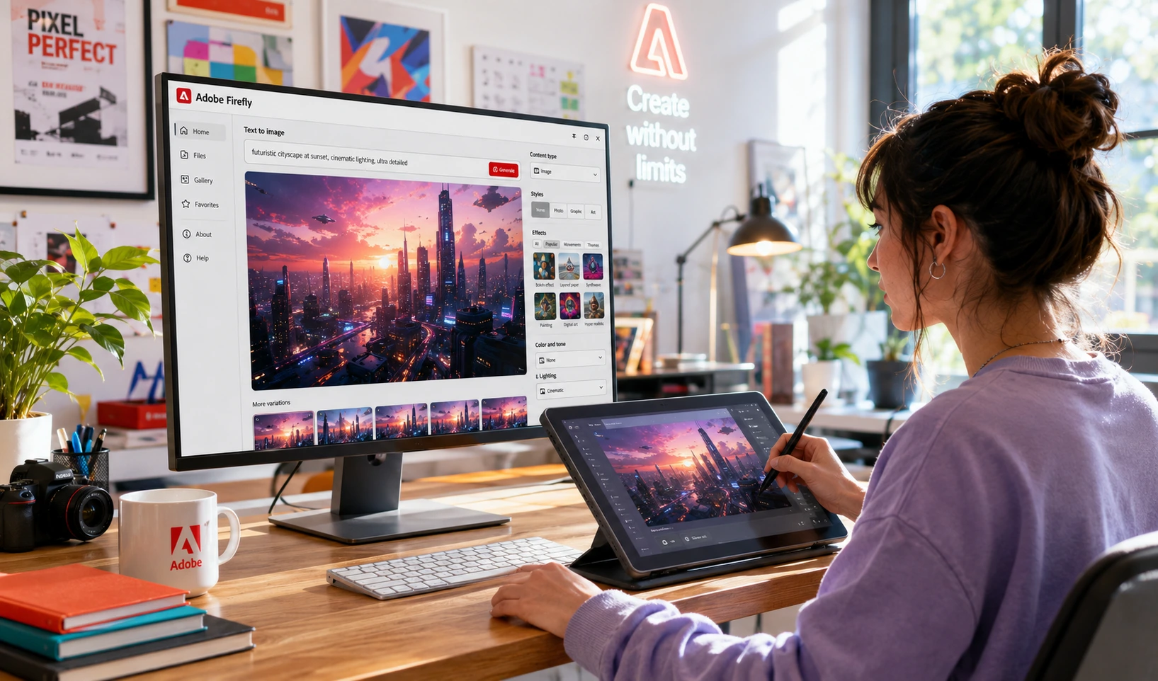 Adobe Firefly AI creative studio featuring generative design tools, AI image creation, digital artwork generation, and modern content creation interface for designers.