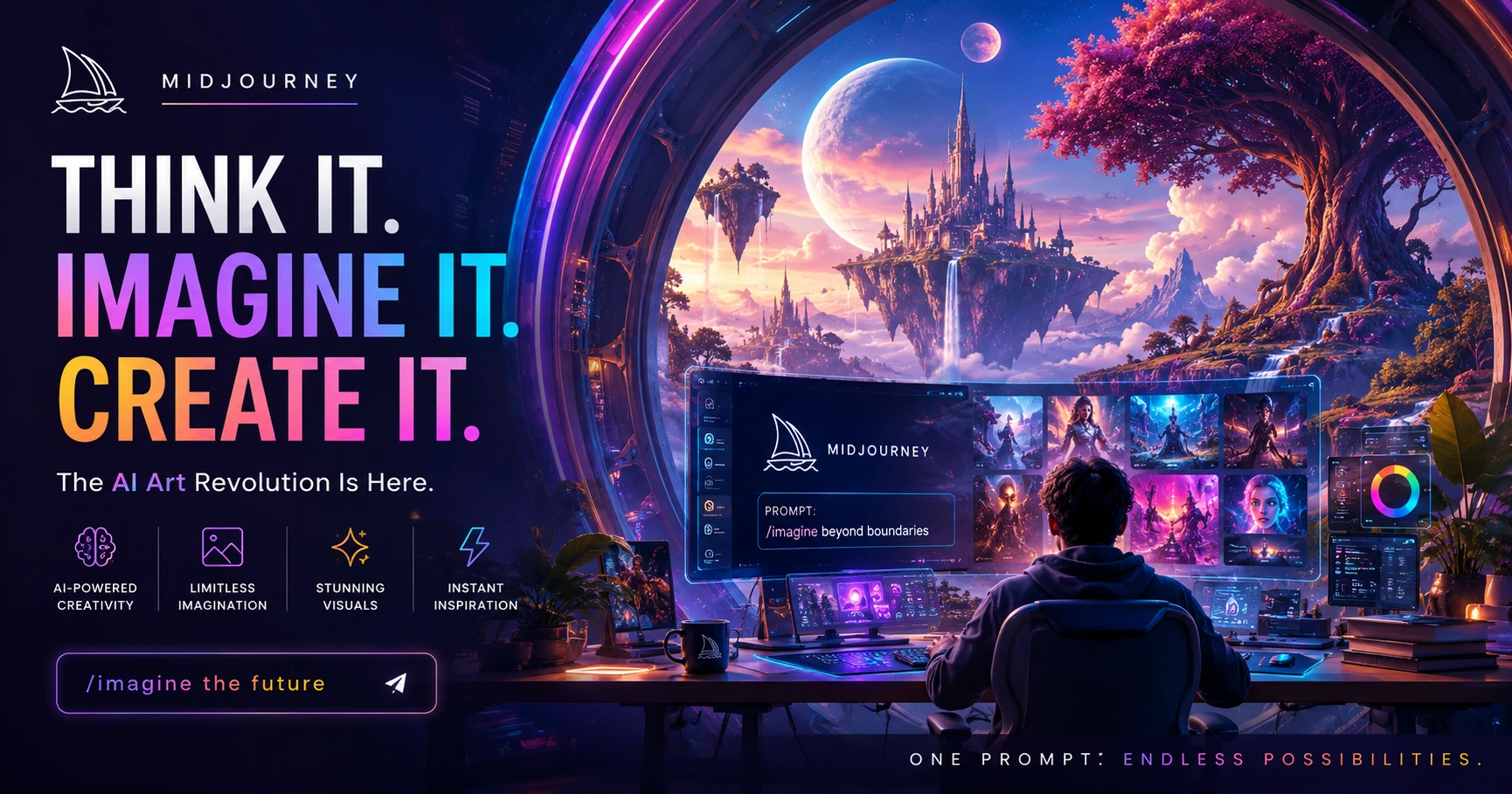 Midjourney AI art generation platform showcasing futuristic digital artwork, prompt-based creative visuals, surreal illustrations, and AI-powered design workflows.