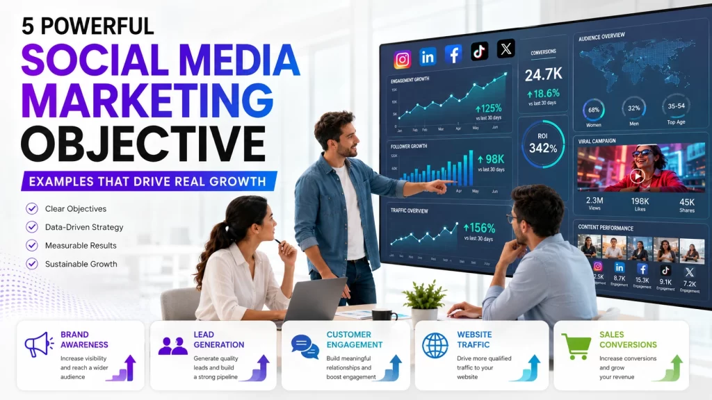 Social media marketing objective examples dashboard showing marketing team analyzing campaign performance, audience engagement, brand awareness, lead generation, and business growth strategy for digital marketing success.
