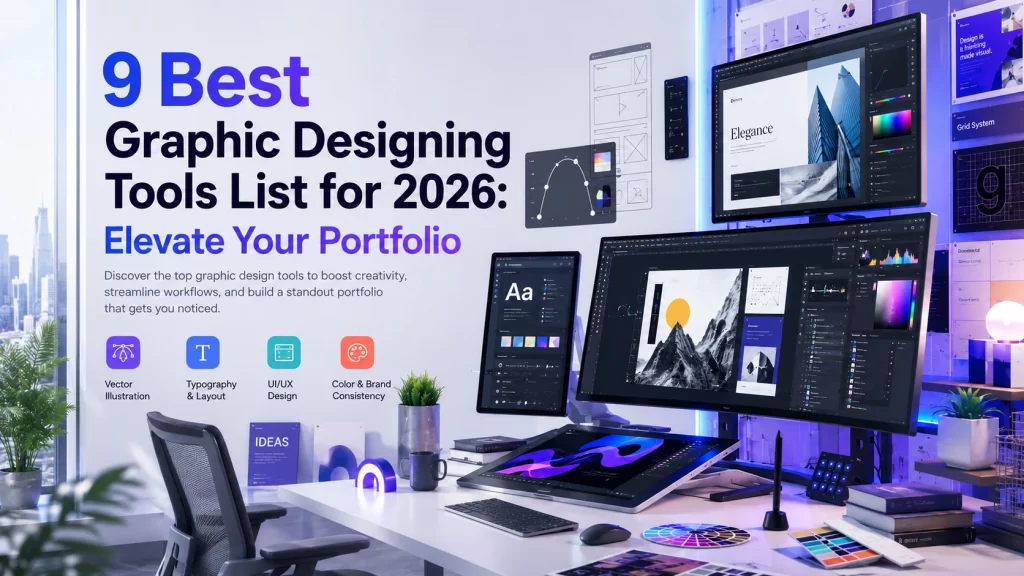 Modern creative workspace showcasing the 9 best graphic designing tools for 2026 including Adobe Photoshop, Illustrator, Figma, Canva Pro, Sketch, and AI-powered design software on multiple screens in a futuristic digital studio.