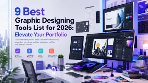 Modern creative workspace showcasing the 9 best graphic designing tools for 2026 including Adobe Photoshop, Illustrator, Figma, Canva Pro, Sketch, and AI-powered design software on multiple screens in a futuristic digital studio.