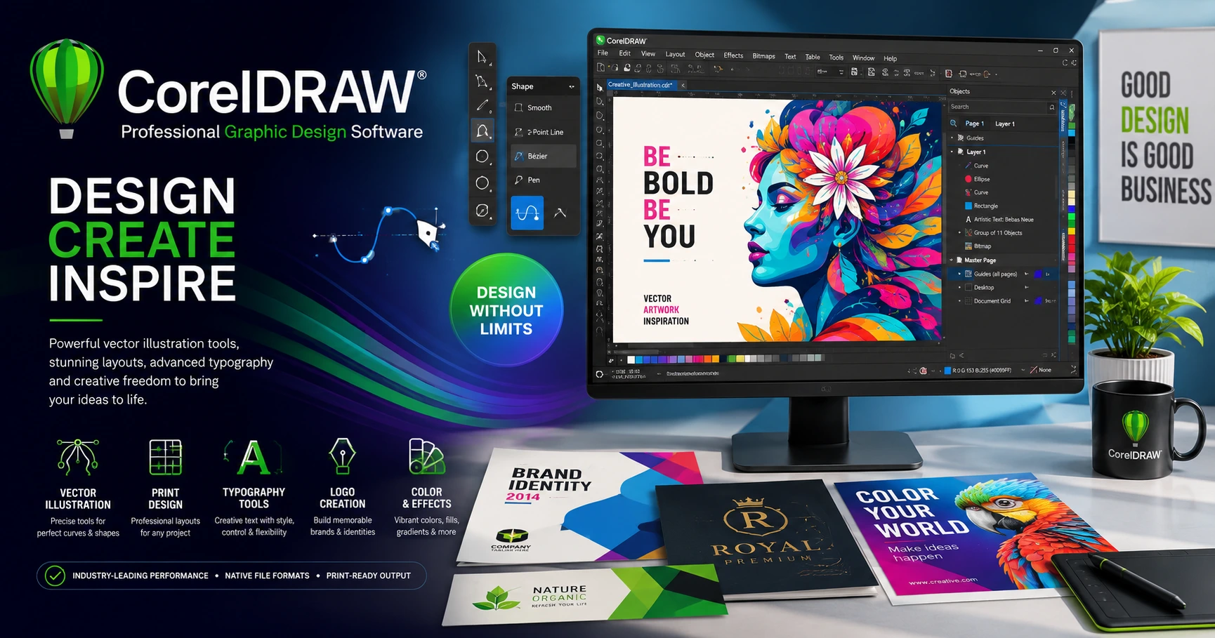 CorelDRAW graphic design workspace showcasing professional vector illustration tools, print design layouts, typography editing, logo creation, and colorful digital artwork for creative professionals.