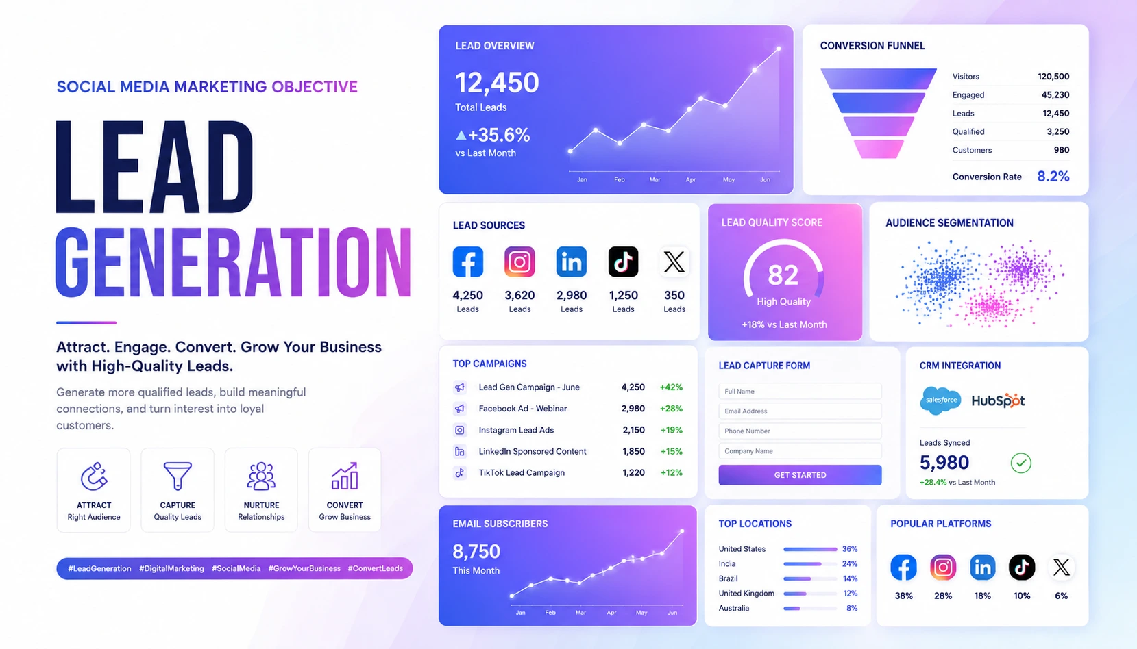Lead Generation featured image with CRM analytics, conversion funnels, and digital marketing dashboard