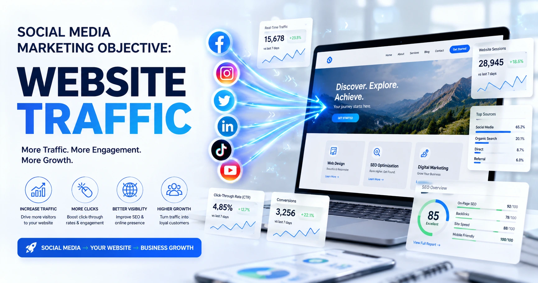 Social Media Marketing Objective Website Traffic blog featured image showing website analytics, SEO dashboards, and traffic growth strategy