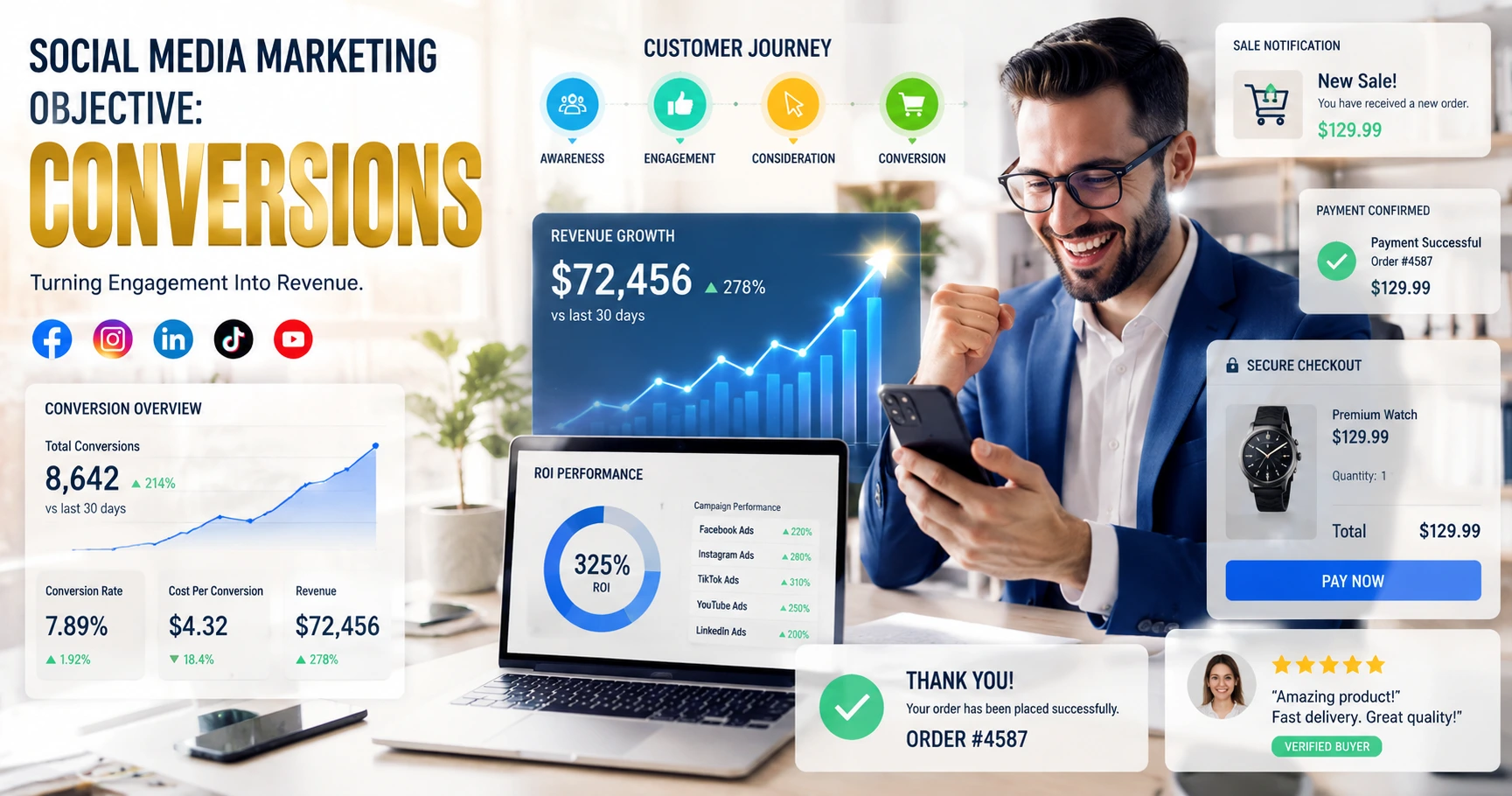 Conversion featured image showing sales funnel, conversion analytics, customer acquisition, and ROI growth strategy