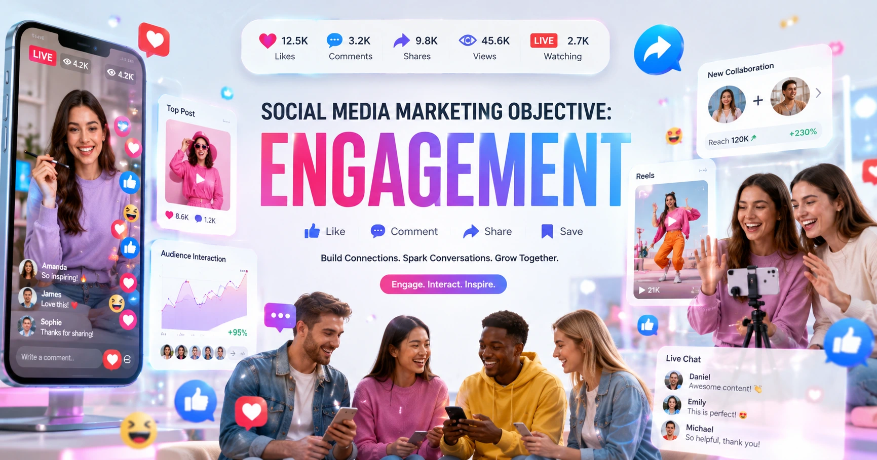 Engagement featured image with social media interactions, likes, comments, and engagement analytics