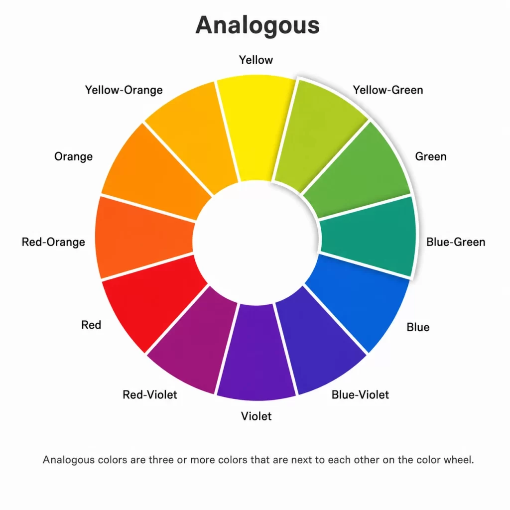 Analogous color scheme on a 12-color wheel showing adjacent hues for harmonious design.