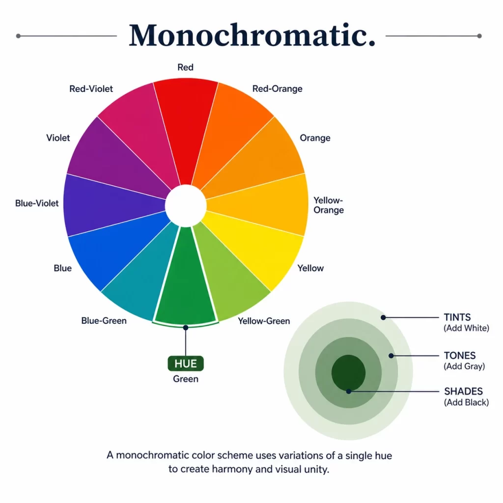 Monochromatic color scheme diagram showing a single hue with tint, shade, and tone variations on a color wheel