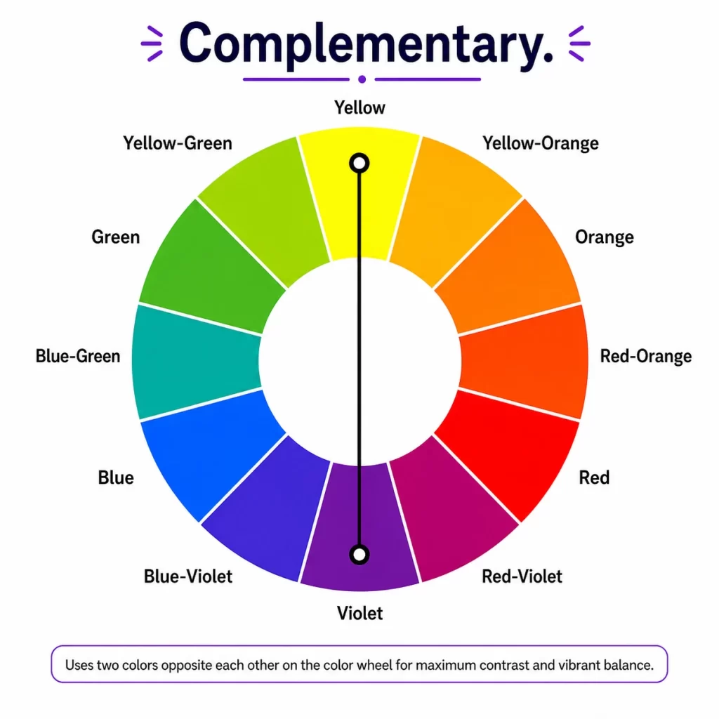 Complementary color scheme on a color wheel showing opposite hues for high contrast design