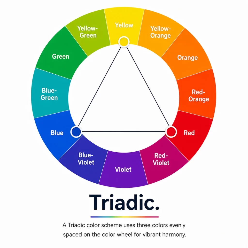 Triadic color scheme on a 12-color wheel showing three evenly spaced colors forming a triangle