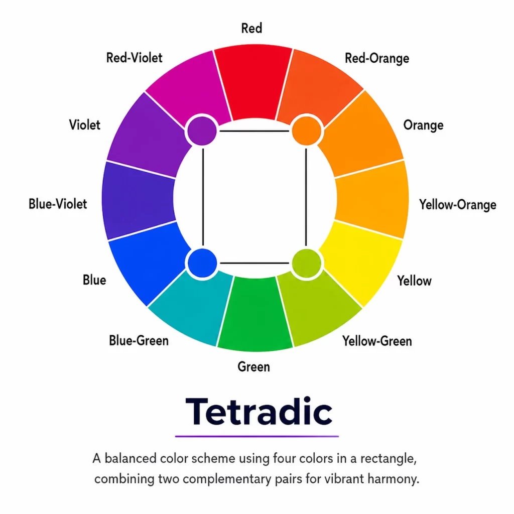 Tetradic color scheme showing four colors forming a rectangle with two complementary pairs on a color wheel