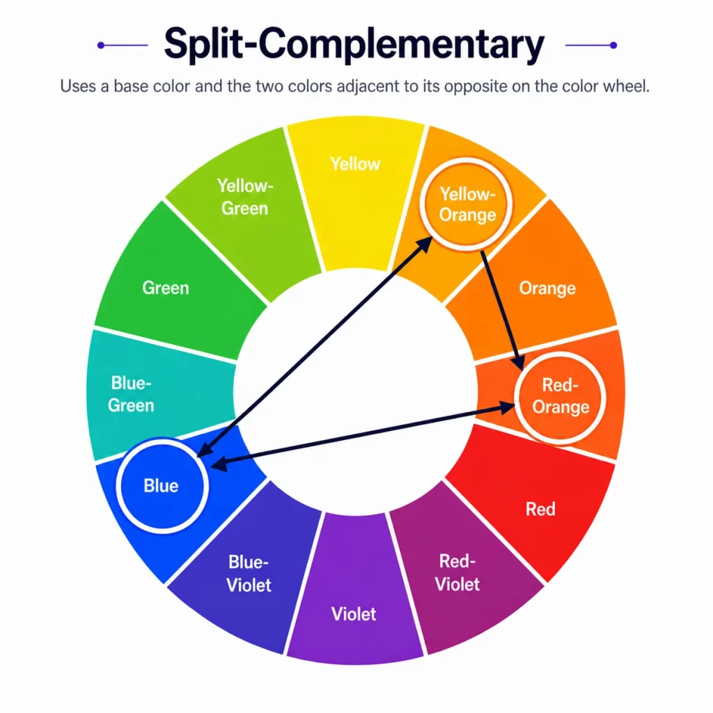 Split-complementary color scheme showing one base color and two adjacent complementary hues on a color wheel