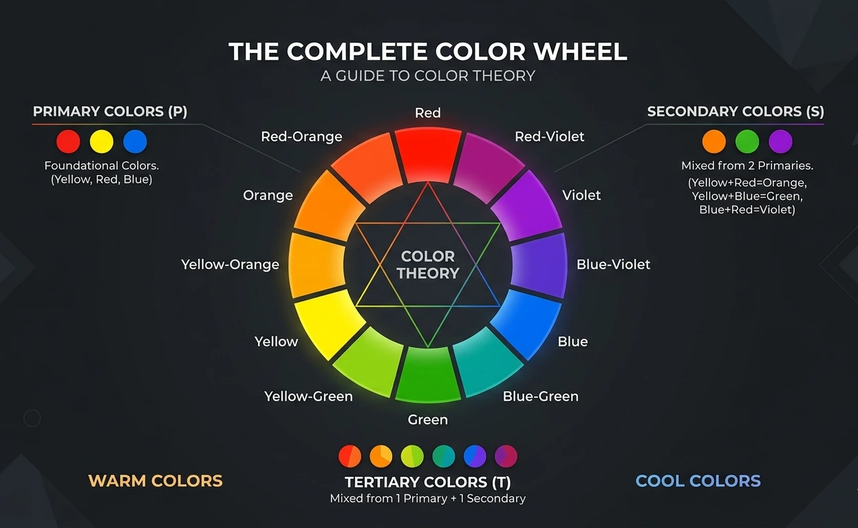 Color theory 12-color wheel illustrating hue relationships, tints, shades, and tones in graphic design.
