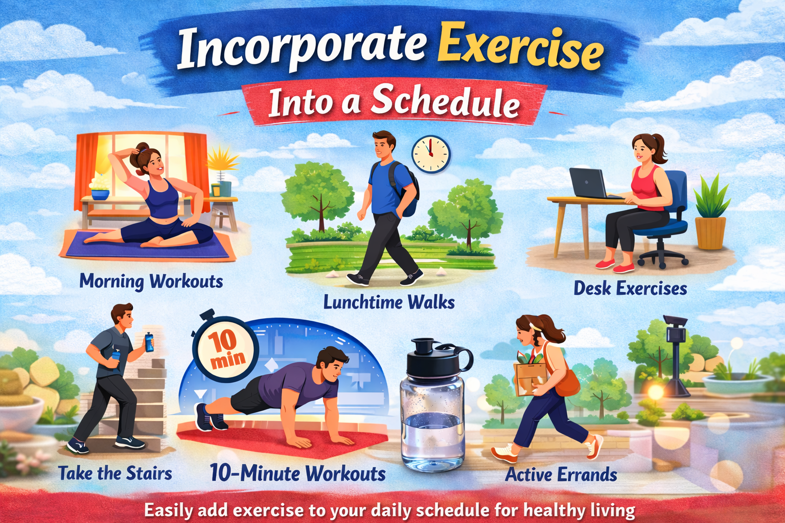 Colorful fitness infographic showing easy ways to incorporate exercise into a daily schedule, including morning workouts, lunchtime walks, desk exercises, stair climbing, 10-minute workouts, and active errands.