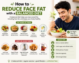 learn to reduce face fat with balanced duet avoid fast and packaged foods eat fruits and vegetables.